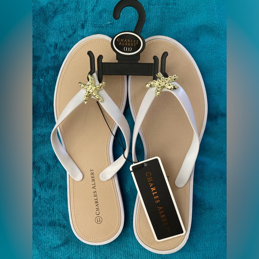 Charles Albert White Sandals with Gold Starfish Accents